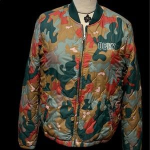 Obey multi color camp bomber jacket sz L